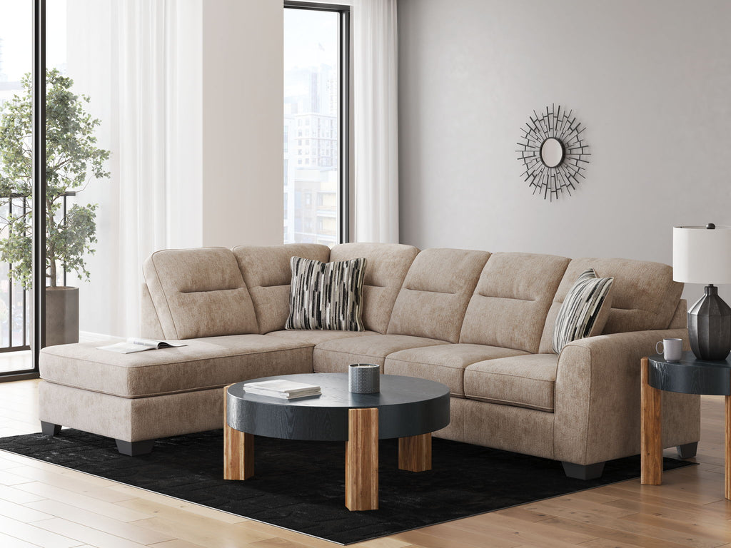 Mocha sectional sofa with chaise, tufted cushions and patterned pillows