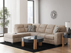 Mocha sectional sofa with chaise, tufted cushions and patterned pillows