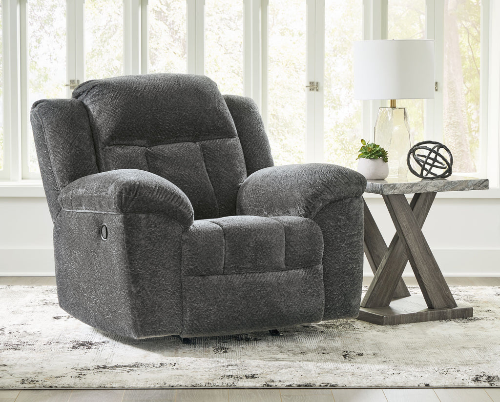 Graphite fabric rocker recliner chair with panelled back and padded armrests
