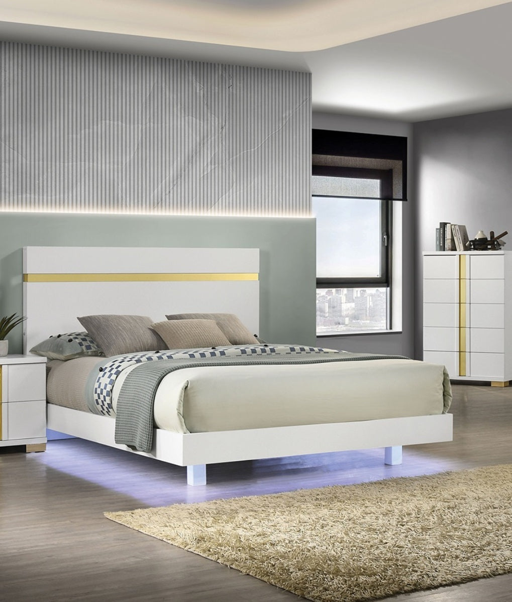 White Queen Bedframe: Modern LED, Acrylic Trim, Mattress Ready