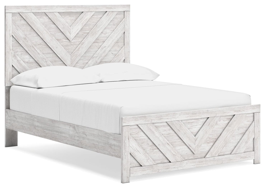 Light gray panel bed with chevron-pattern headboard and footboard, white mattress