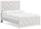 Light gray panel bed with chevron-pattern headboard and footboard, white mattress