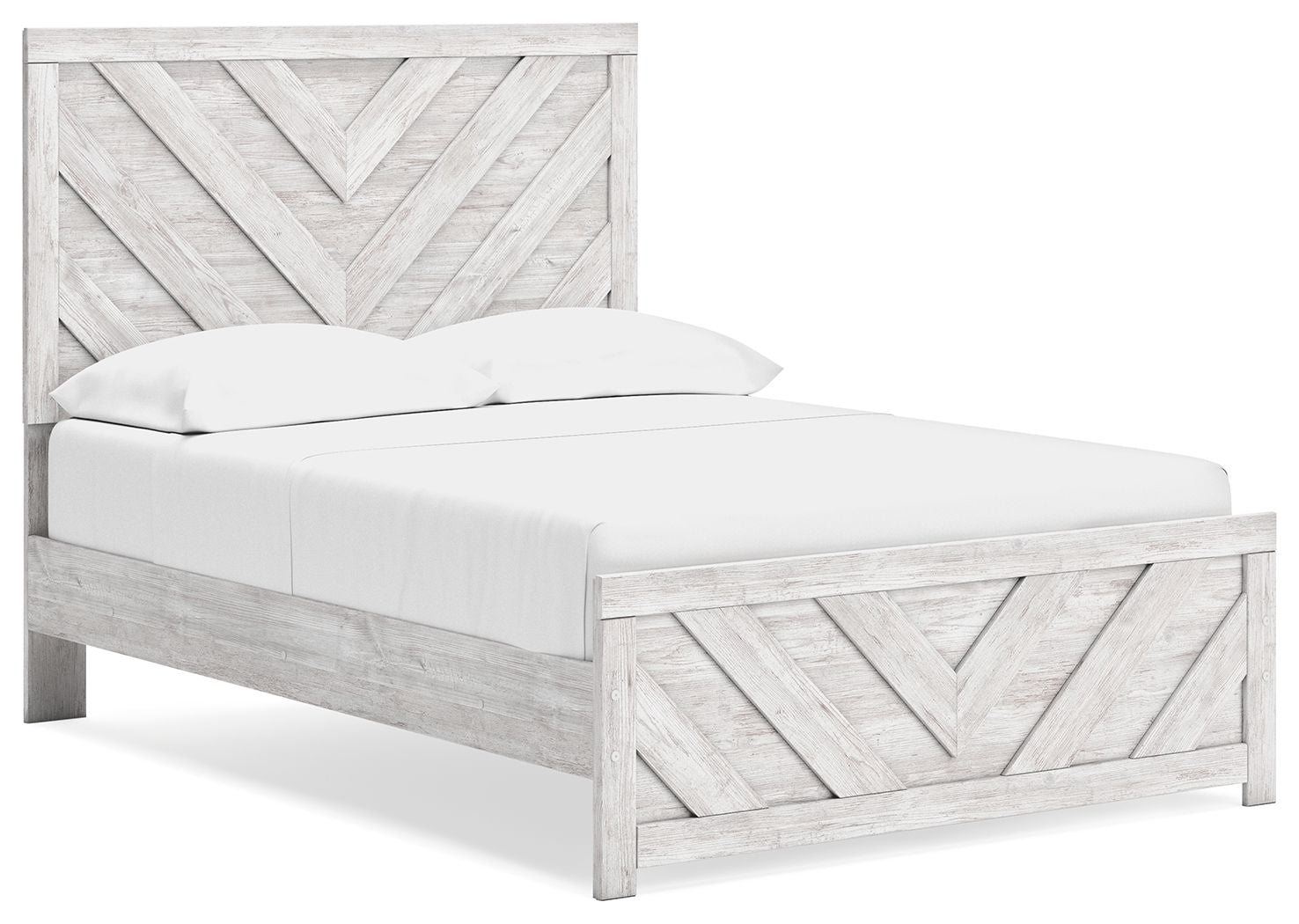 Light gray panel bed with chevron-pattern headboard and footboard, white mattress