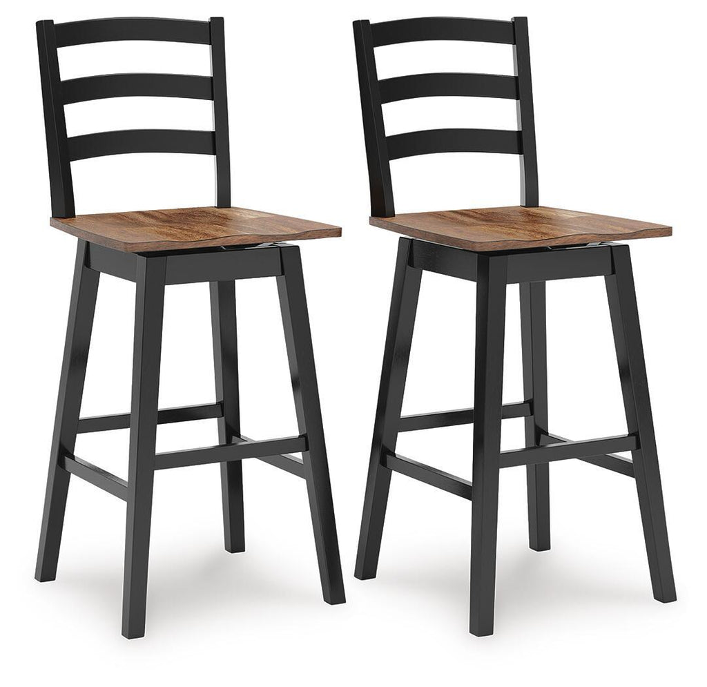 Two black swivel stools with slatted backs and wooden seats