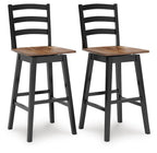 Two black swivel stools with slatted backs and wooden seats