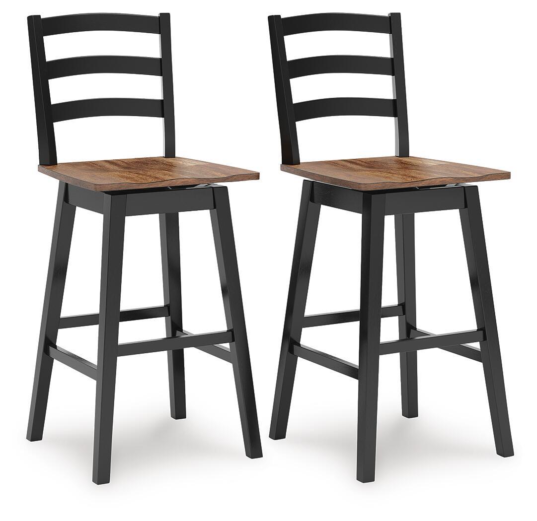 Two black swivel stools with slatted backs and wooden seats