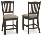 Set of two two-tone barstools with slatted backs and padded light-gray seats, dark frames