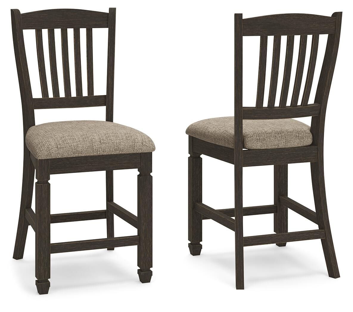 Set of two two-tone barstools with slatted backs and padded light-gray seats, dark frames