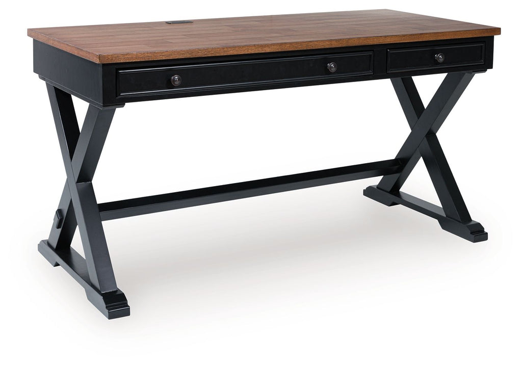 Wildenauer home office desk with brown wood top, black drawers, X-frame legs