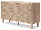 Two-tone six-drawer dresser, two columns of fabric drawers with dark metal pulls