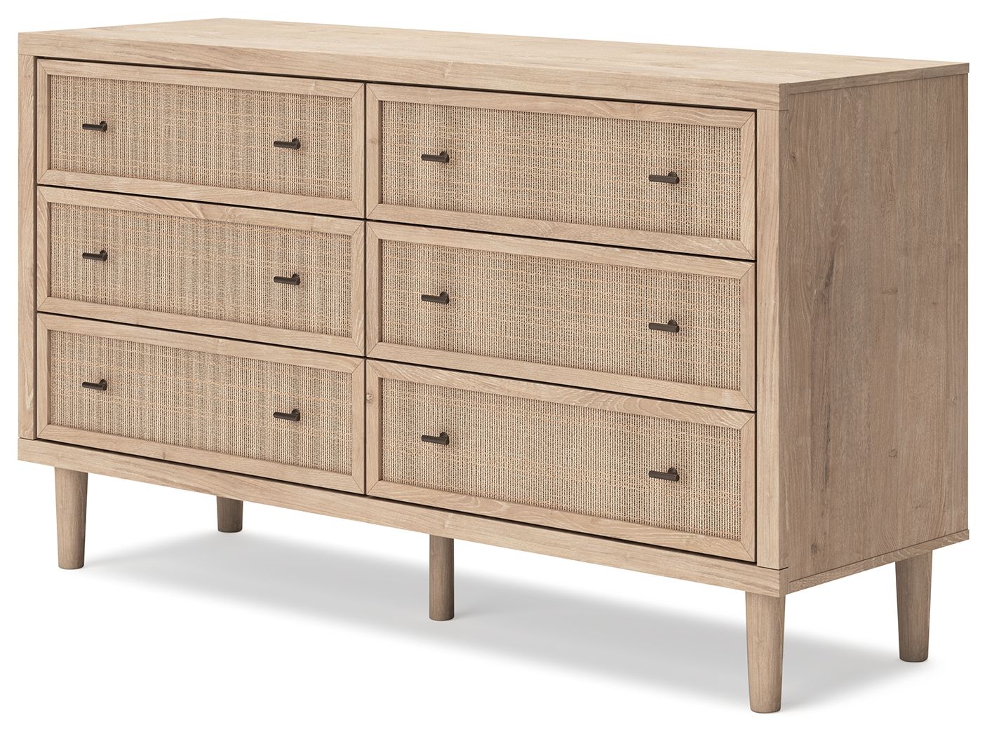 Two-tone six-drawer dresser, two columns of fabric drawers with dark metal pulls
