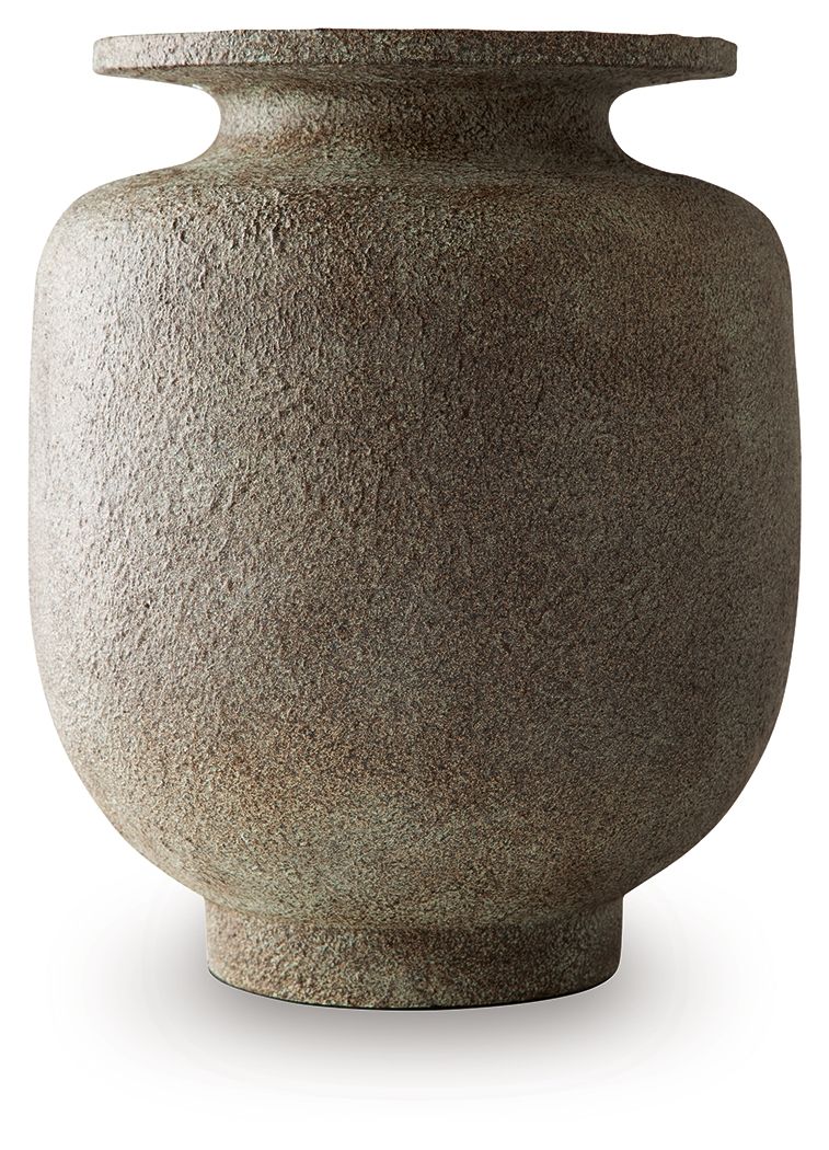Gray stone-look vase with flared rim and rounded base