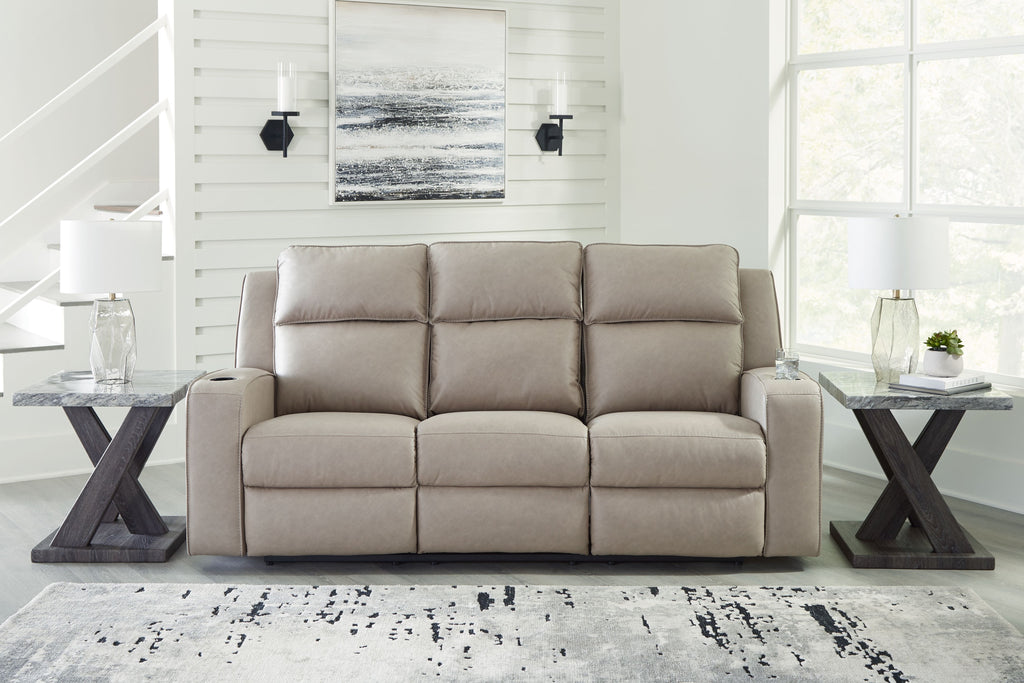 Pebble recliner sofa with drop-down table and three seat cushions