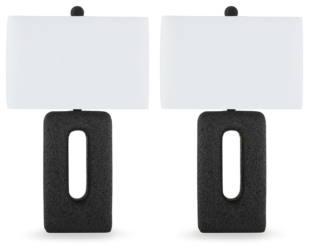 Table lamp set of 2 with black textured bases and light rectangular fabric shades