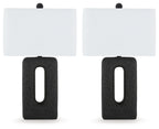 Table lamp set of 2 with black textured bases and light rectangular fabric shades