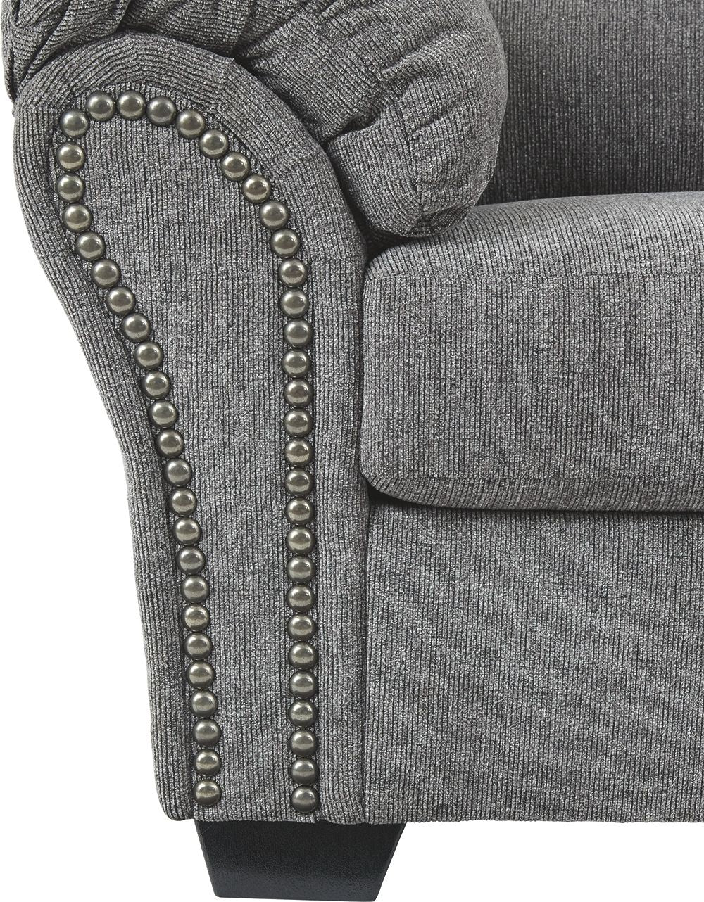 Dark gray upholstered recliner arm with vertical stud trim and rounded corner