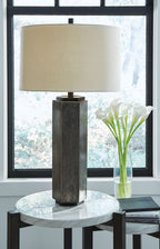 Antique pewter metal table lamp with white drum shade and tall rectangular body