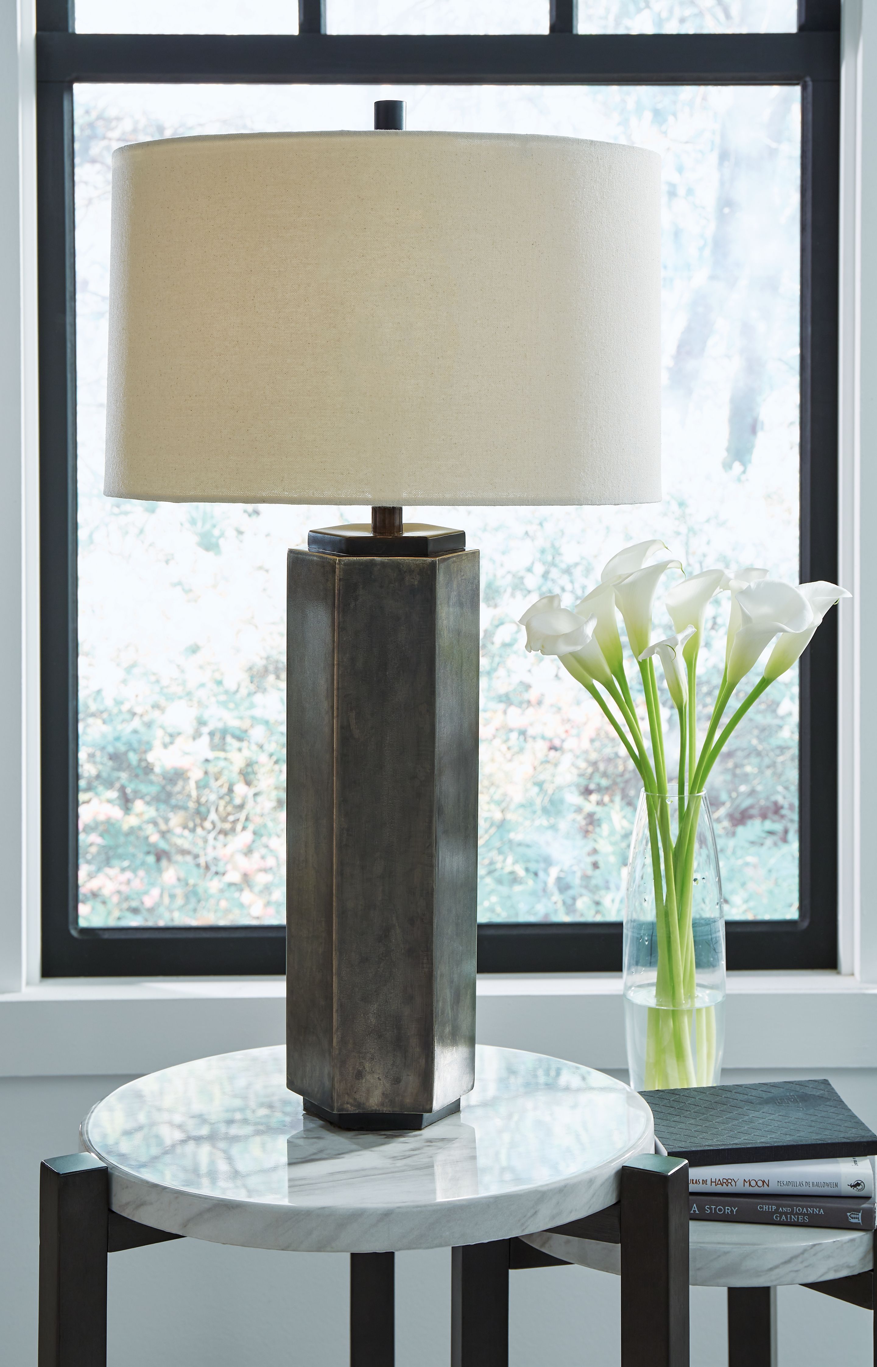 Antique pewter metal table lamp with white drum shade and tall rectangular body