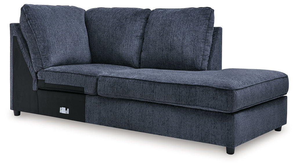 Cobalt blue right-arm chaise with deep seat, three back cushions, and side panel