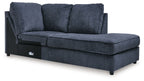 Cobalt blue right-arm chaise with deep seat, three back cushions, and side panel