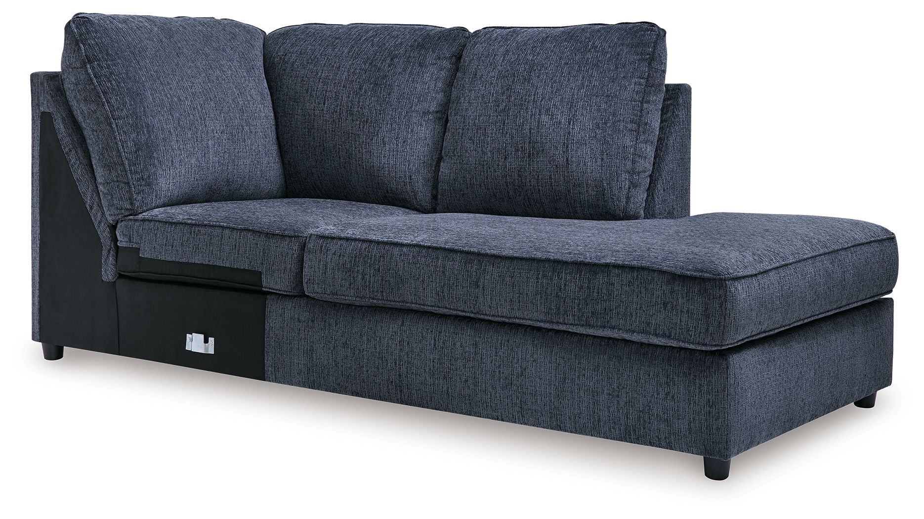 Cobalt blue right-arm chaise with deep seat, three back cushions, and side panel