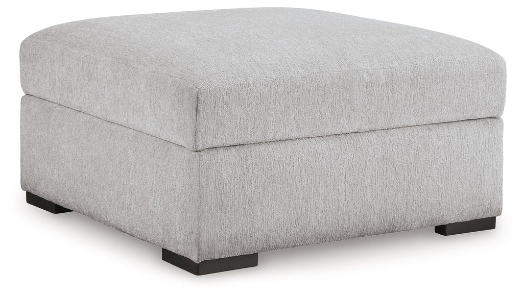 Gabyleigh storage ottoman with hinged top, light gray fabric, dark feet
