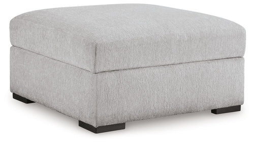 Gabyleigh storage ottoman with hinged top, light gray fabric, dark feet