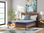 Blue mattress on wooden bed frame with pillows