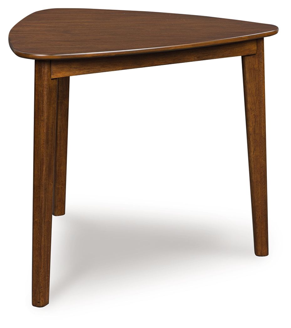 Brown triangle dining table with rounded corners and four straight legs
