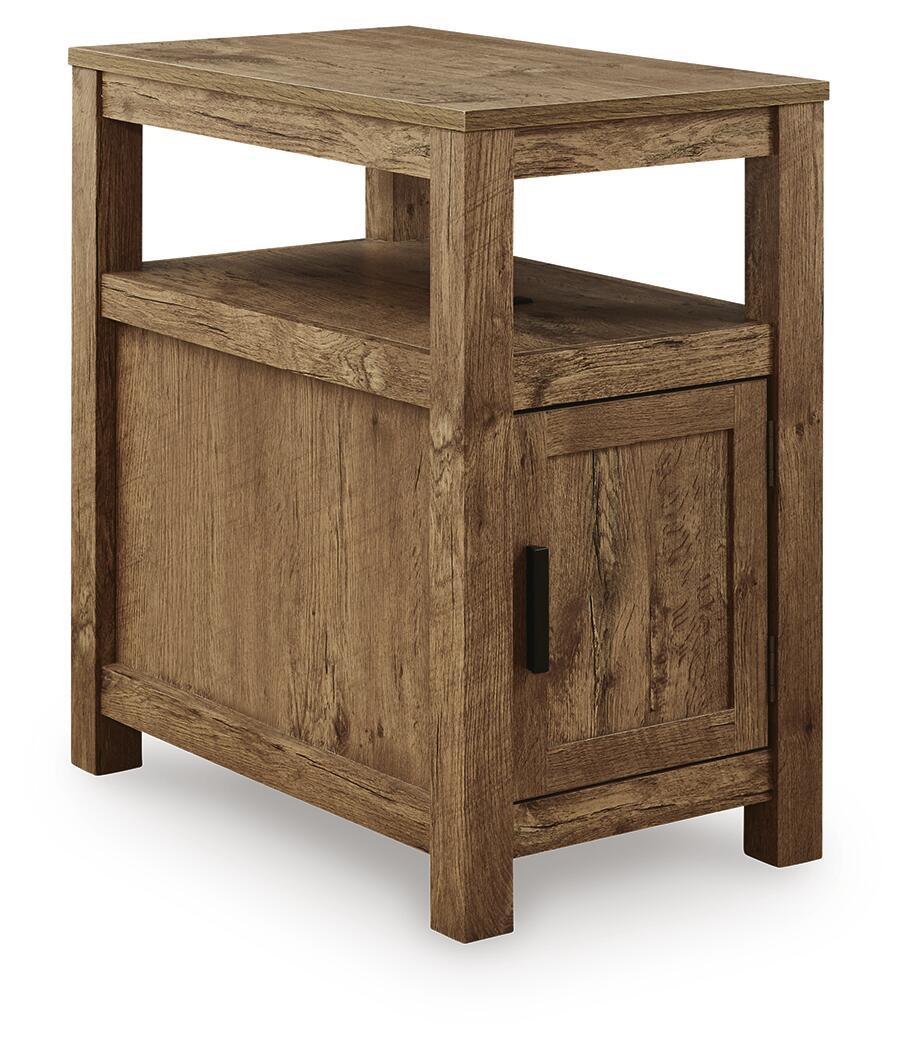 Chair side end table in rustic light brown wood with open shelf and cabinet door