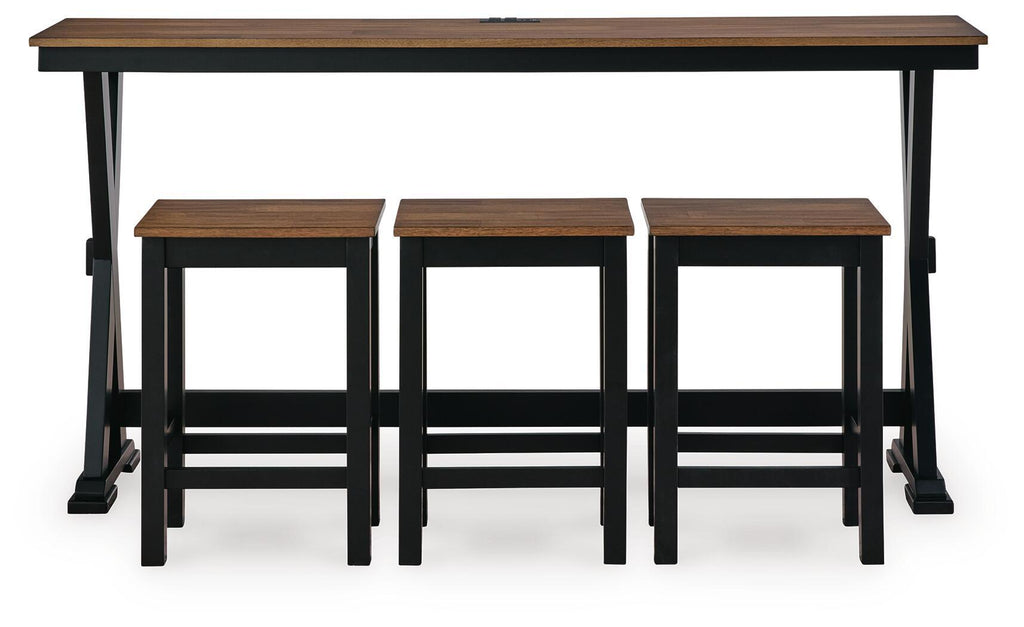 Rectangular dining counter table set with 3 square stools, brown tops and black frames
