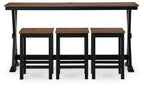 Rectangular dining counter table set with 3 square stools, brown tops and black frames