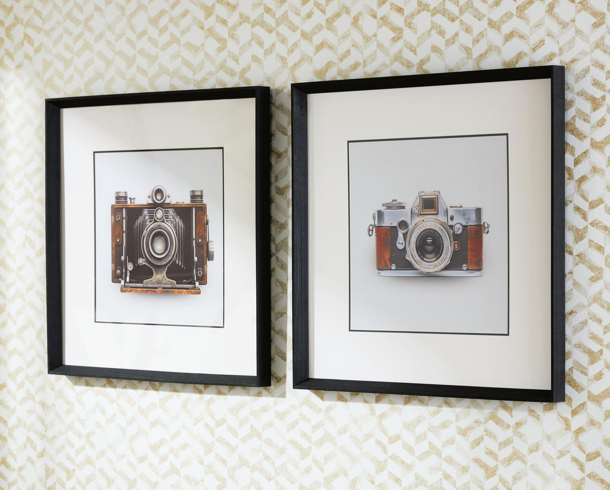 Set of 2 framed vintage camera prints with black and brown cameras, wall-ready display.
