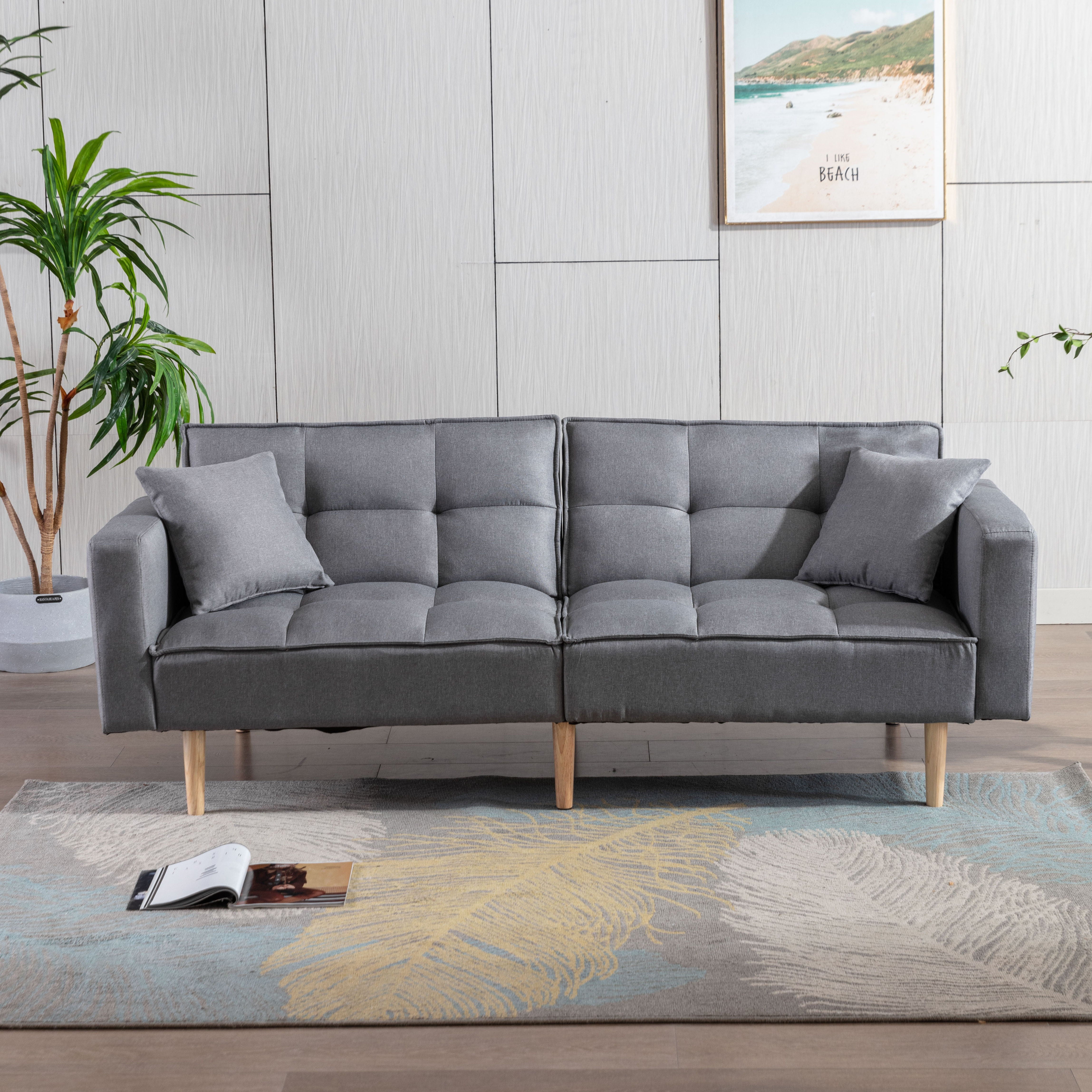 Dongheng Convertible Futon Sofa Bed For Living Room, Linen Sofa With Solid Wooden Legs, Light Gray
