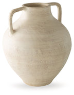 Beige ceramic vase with rounded body and two loop handles