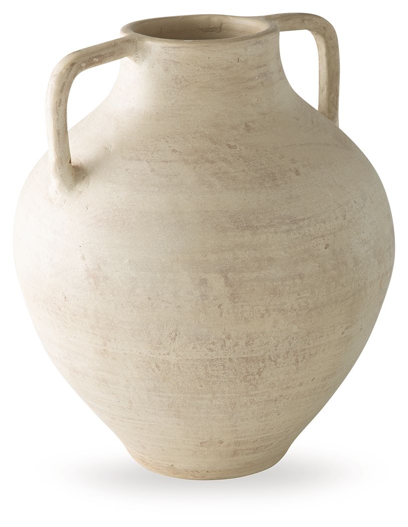 Beige ceramic vase with rounded body and two loop handles