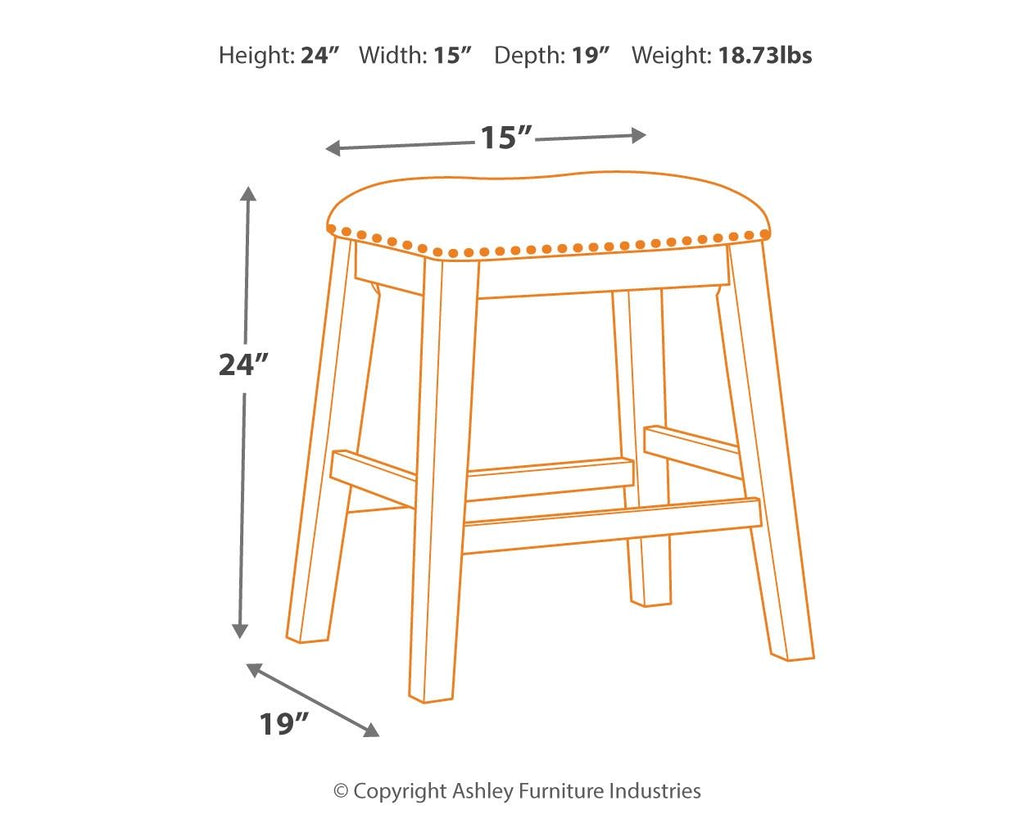 Backless padded stool size diagram: 24 in height, 15 in width, 19 in depth