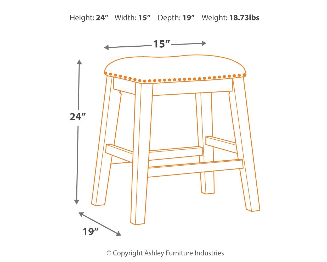 Backless padded stool size diagram: 24 in height, 15 in width, 19 in depth