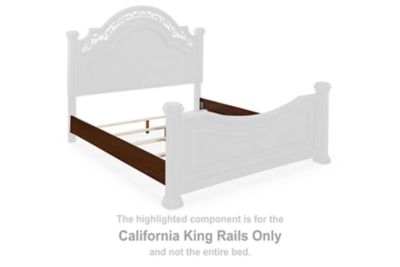 White bed rails set with dark brown highlighted side rail for California King bed