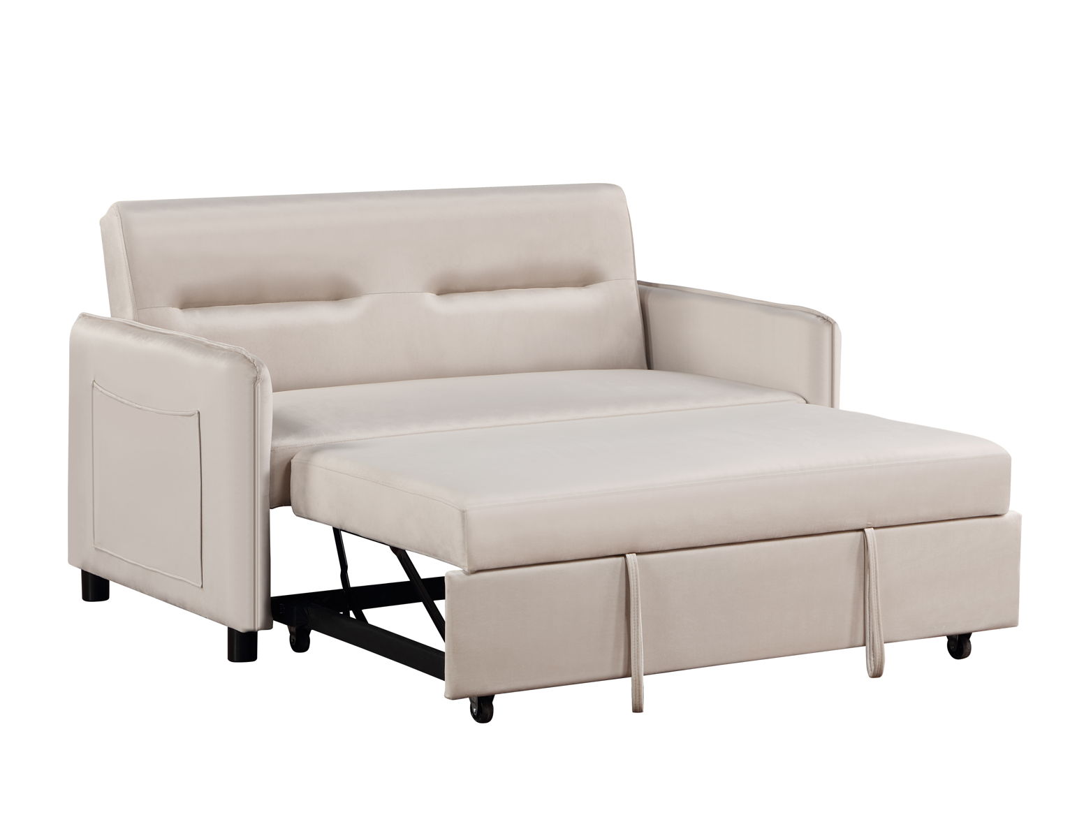 Upholstered Sleeper Sofa 2 Seat Sofabed With 2 Grey Pillow, Beige