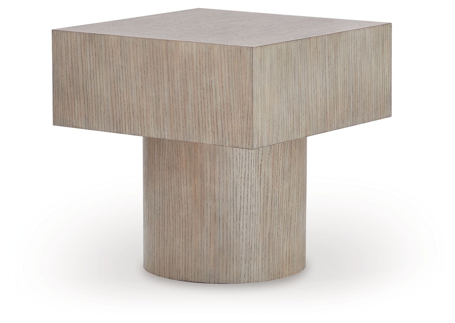 Light brown square table with flat top and pedestal base
