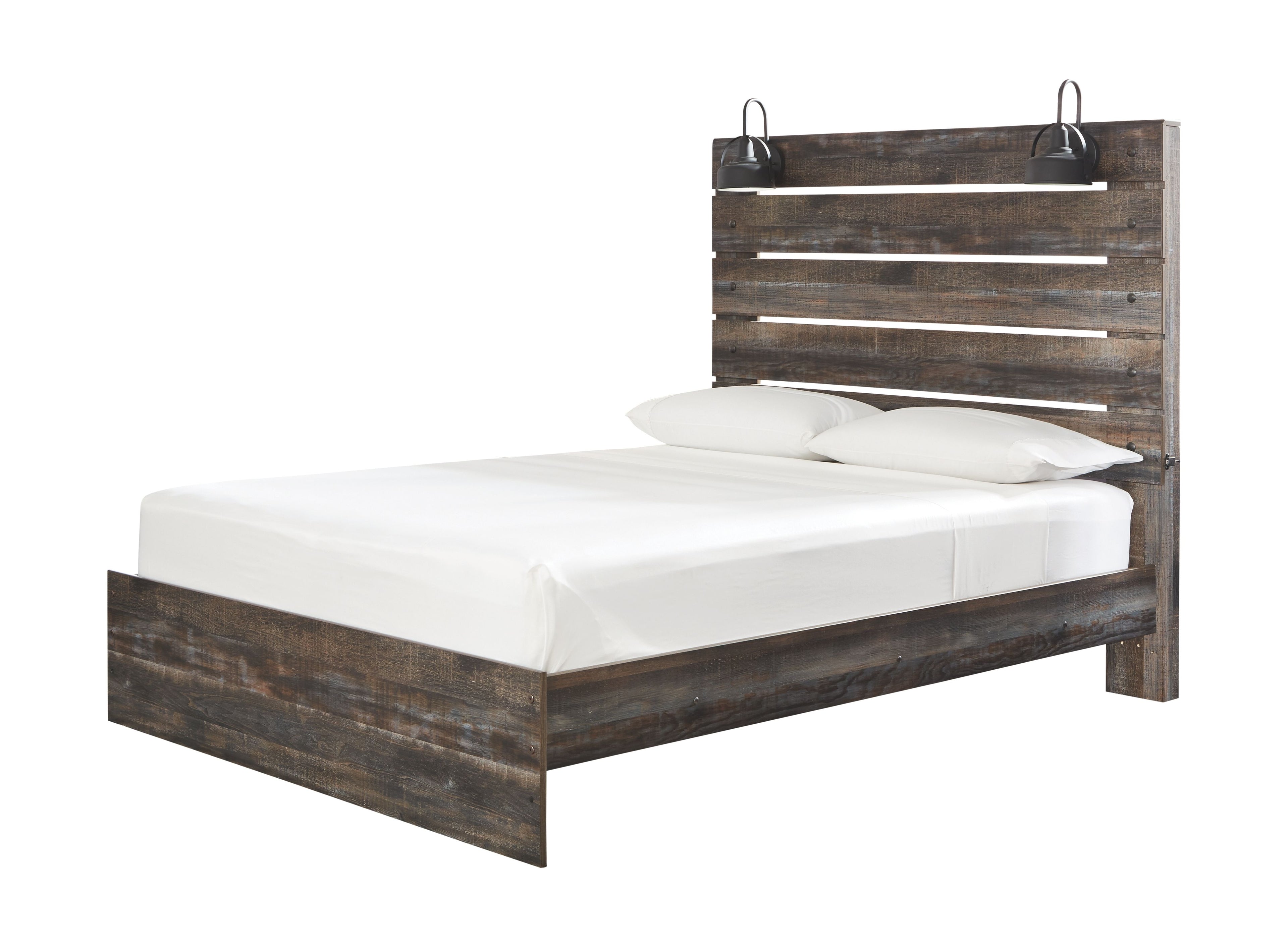 Dark wood panel bed frame with slatted headboard and white bedding on a mattress