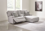 Pewter power reclining sectional sofa with chaise and two side recliner seats, corner view