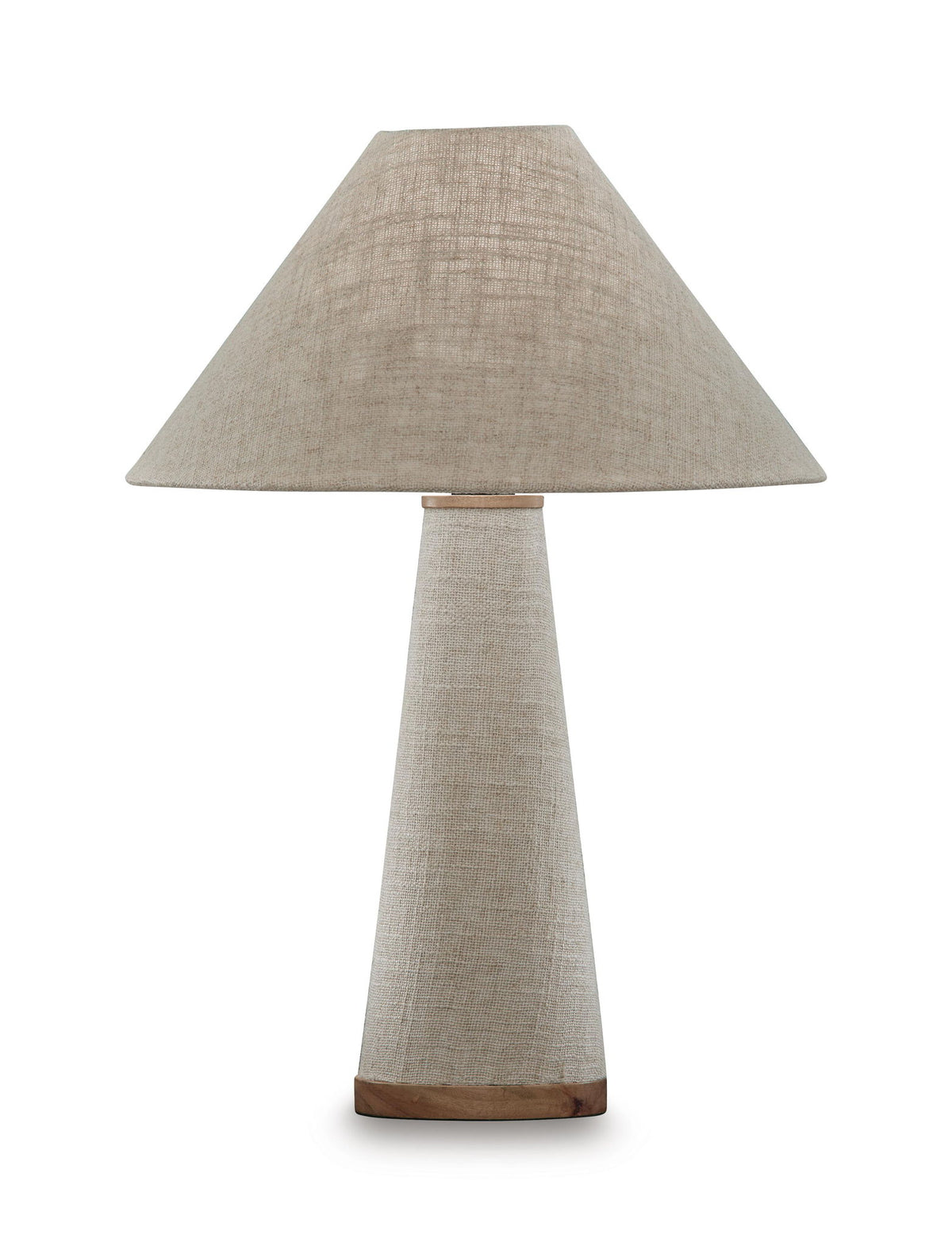 Beige fabric shade metal lamp with tall cylindrical base and wood-toned bottom ring
