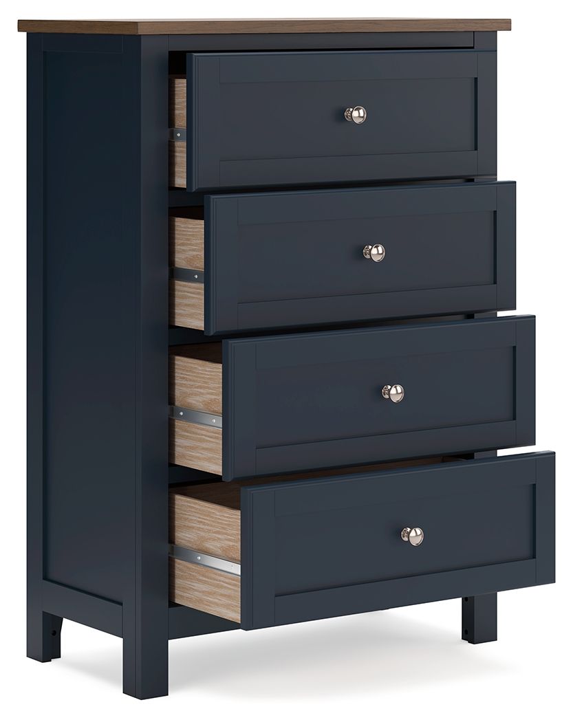 Dark blue four-drawer chest with light wood top, showing open drawer interiors.