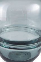 Teal glass vase opening view, smooth rim and translucent curved sides.