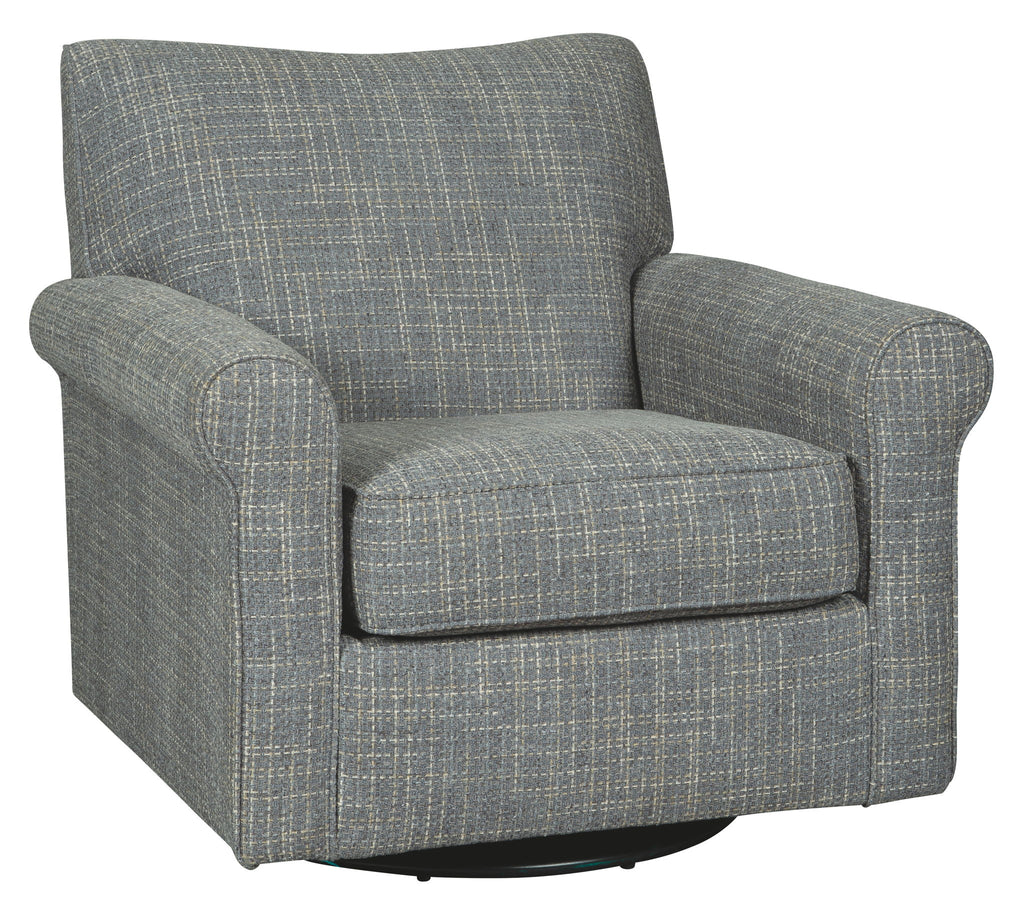 Swivel accent chair in dark gray patterned fabric with padded arms and seat cushion
