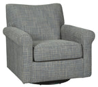 Swivel accent chair in dark gray patterned fabric with padded arms and seat cushion