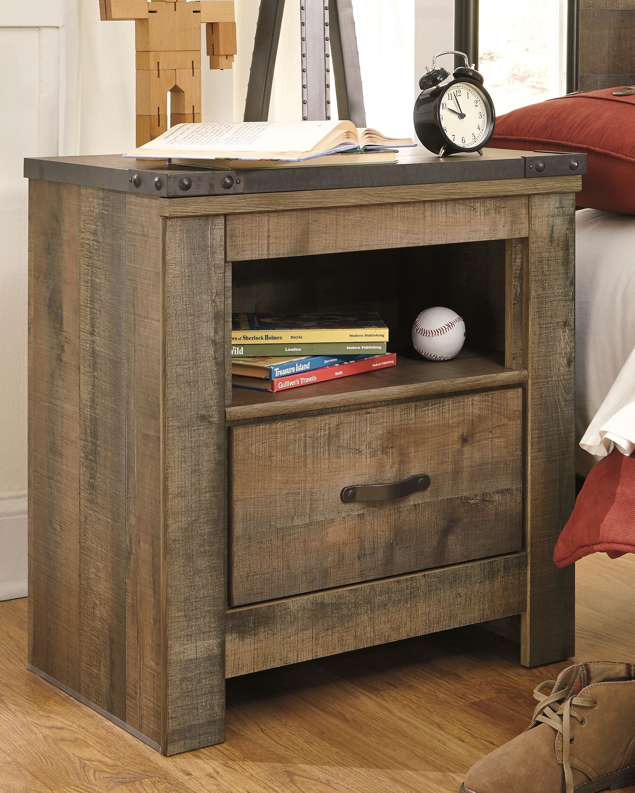 Dark brown night stand with one drawer and open shelf