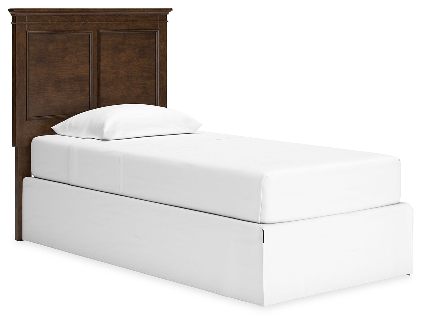 Twin panel headboard with brown wood finish behind a white twin bed